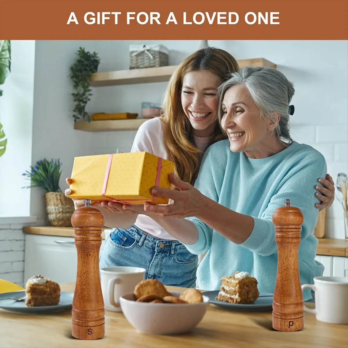 (AIMA) Juego de Molinillos de Sal y Pimienta de Madera con Soporte - Molinillo de Sal y Pimienta de Madera de Roble de 8 Pulgadas, Núcleo Cerámico Ajustable