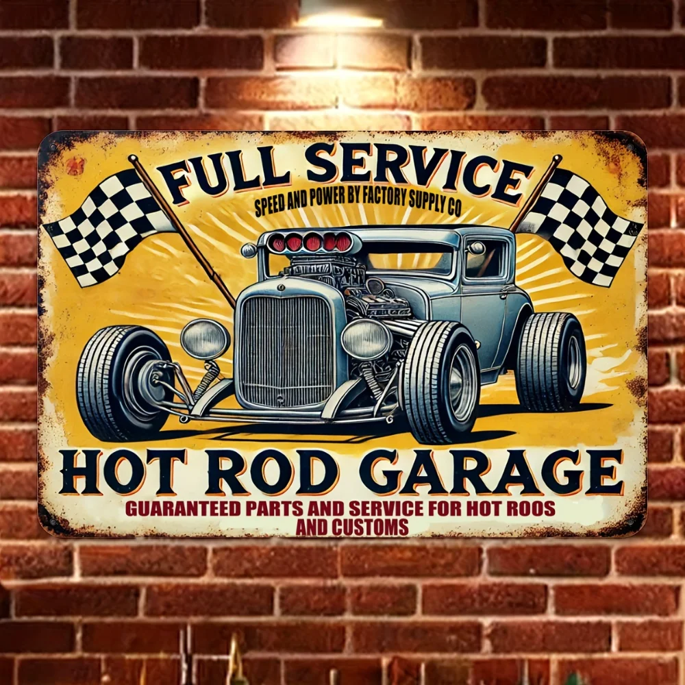 Vintage 'Hot Rod Garage' Metal Sign - Full Service & Power Supplied By Factory Retro Racing Decor Durable Iron Wall Art for H