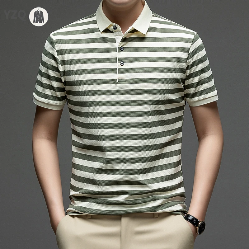 Mens Business Casual Striped Polo Shirt Short Sleeve Breathable Waffle Knit Summer Classic Wear