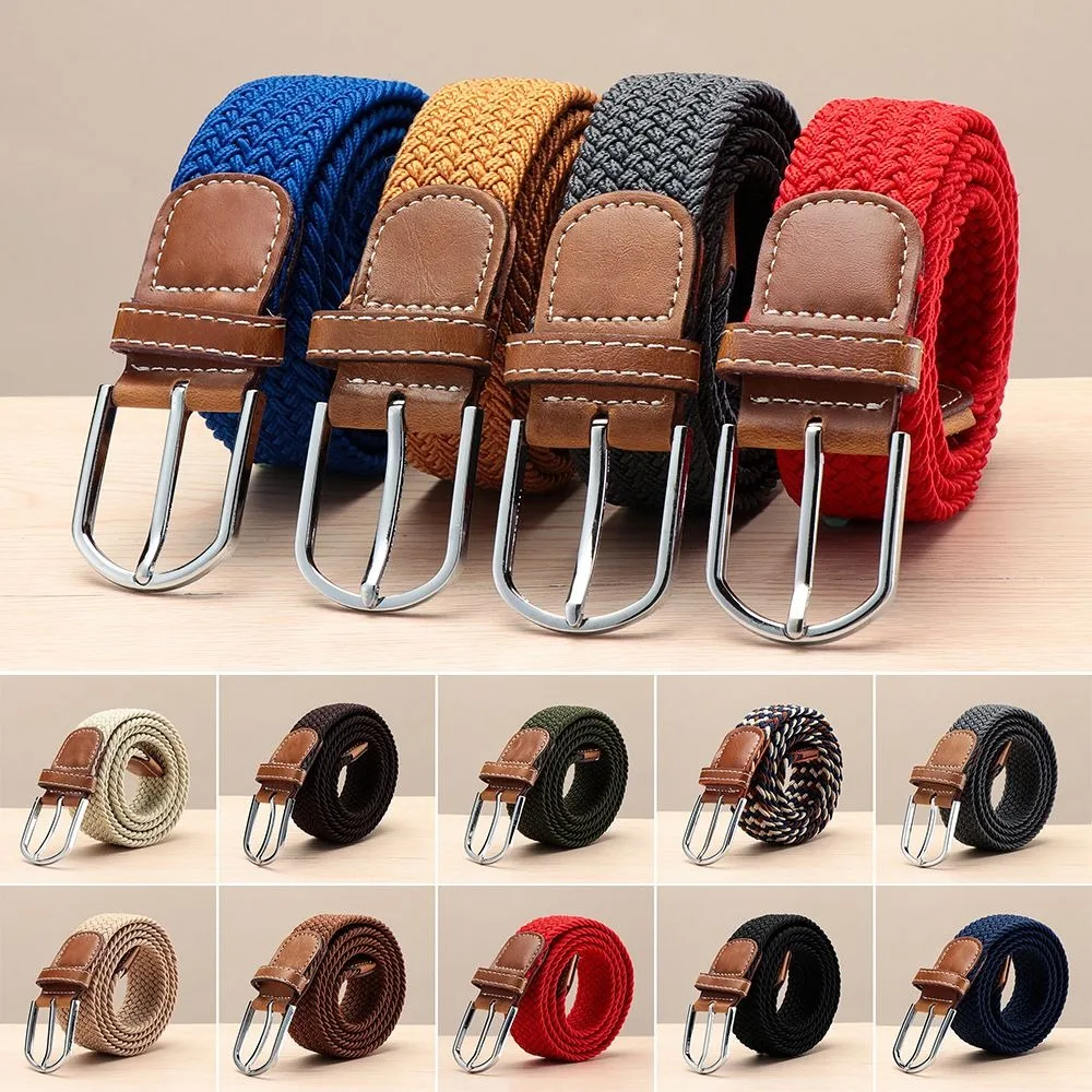 

Men Women Weaving Braided Stretch Belt PU Leather Buckle Outdoor Sports Canvas Belts Elasticated Fabric Waistband