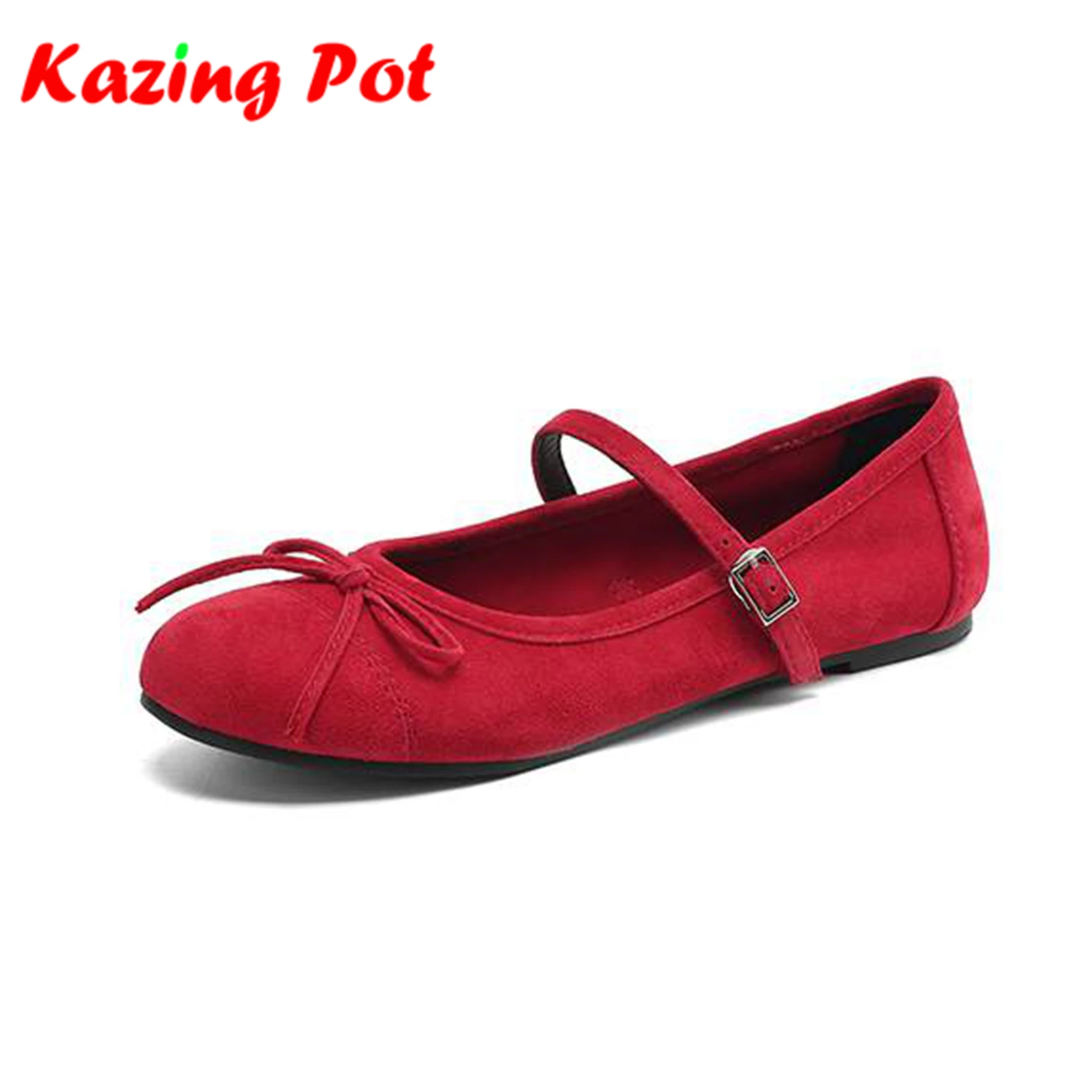 

Krazing Pot Fashion Cow Leather Suede Round Toe Women Summer Modern Street Wear Ballet Dancer Shallow Butterfly-knot Cozy Flats