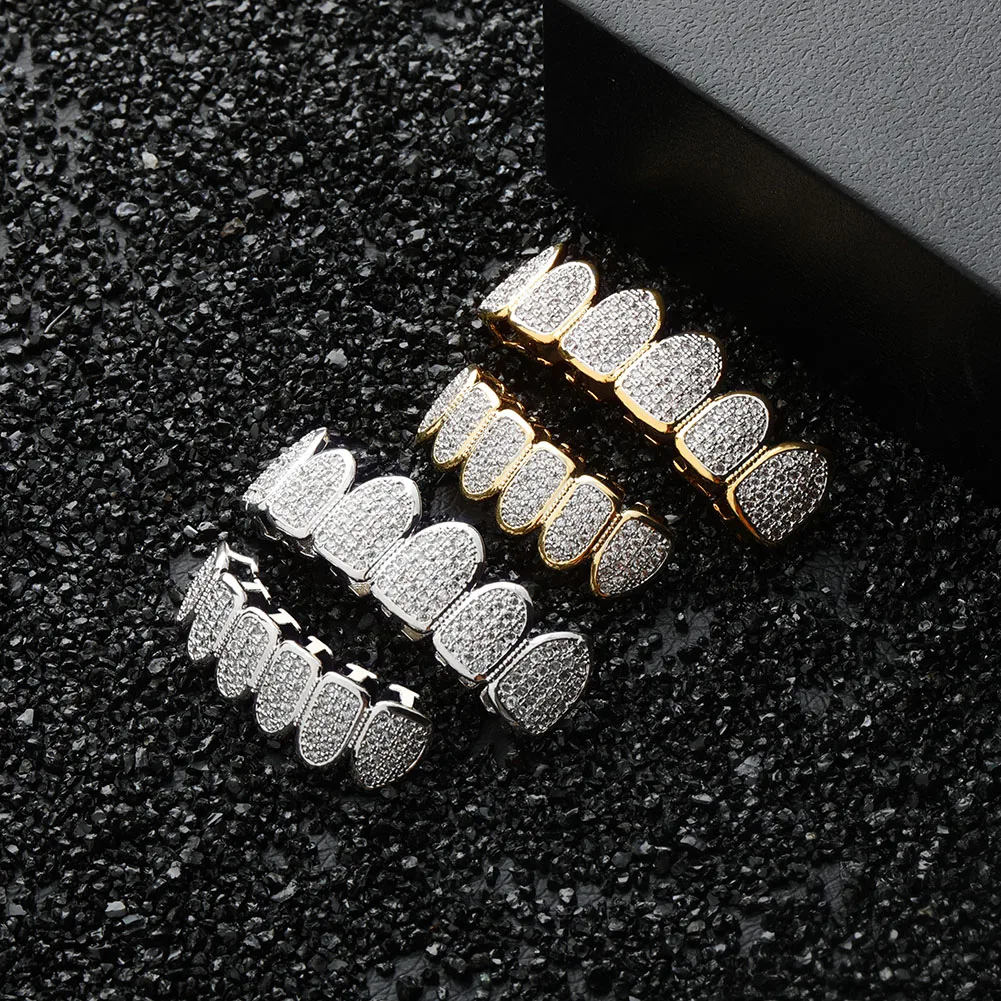 TOPGRILLZ Hip Hop Gold Color Plated Teeth Grillz Caps CZ Micro Pave Exclusive Luxury Top&Bottom Gold Grillz Set Ship From US