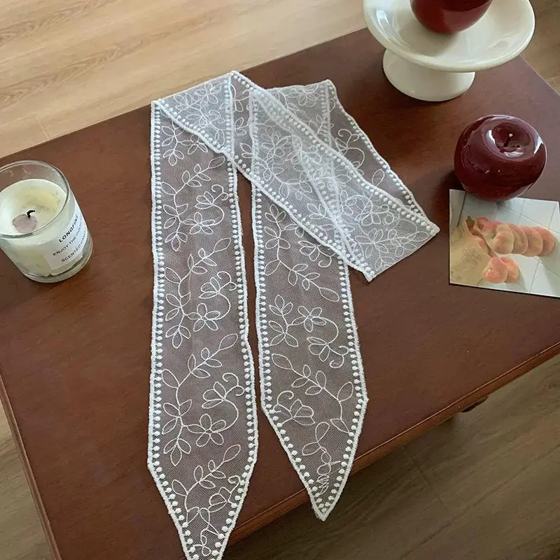 Niche Design White Lace Scarf for Women Spring Summer Long Neckerchief Hair Band Hair Ribbon Pants Belt Tie Fashion Accessories view 6