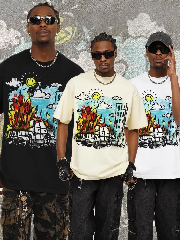 Unisex Heavyweight Cotton Streetwear T-Shirt Graffiti Print Short-Sleeve Trendy Style Couple's Option