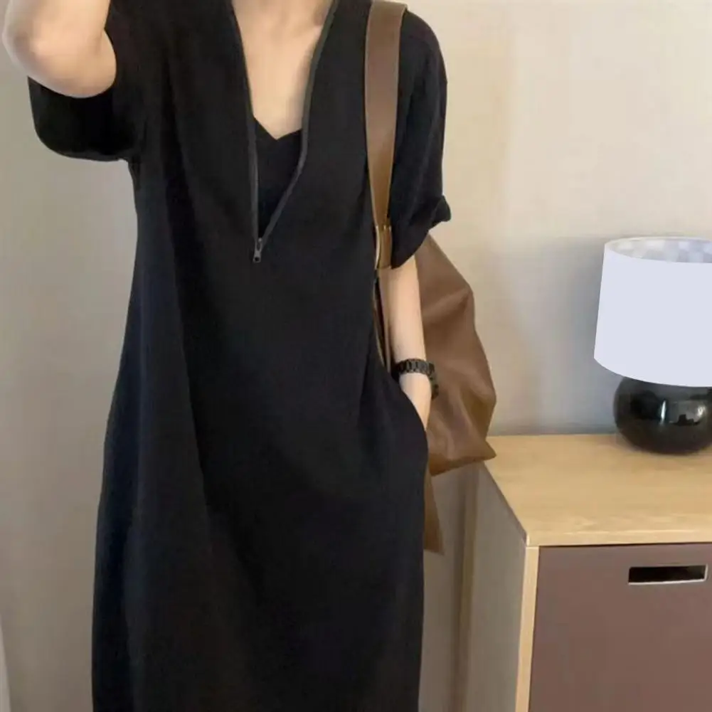 Szykowna sukienka Stylowa damska sukienka maxi z zamkiem błyskawicznym i kieszeniami na wakacje na plaży Casualowa letnia sukienka dla kobiet o szykownym wyglądzie