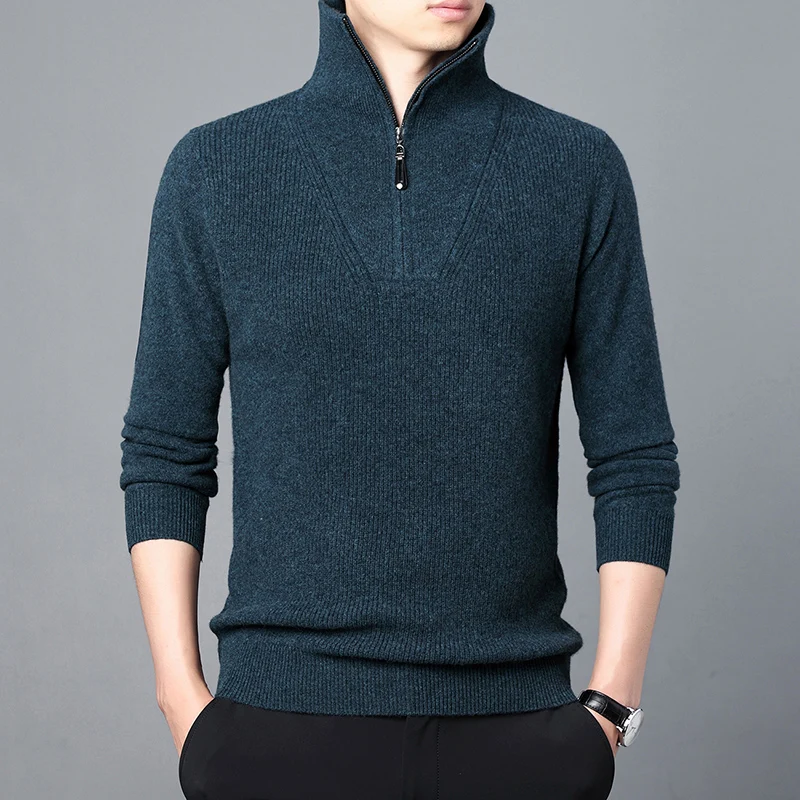 

Mens 100% Sheep Wool Jumpers Autumn & Winter Fashion Zipper Cashmere Sweaters Male Turtleneck Pure Wool Warm Knit Clothing