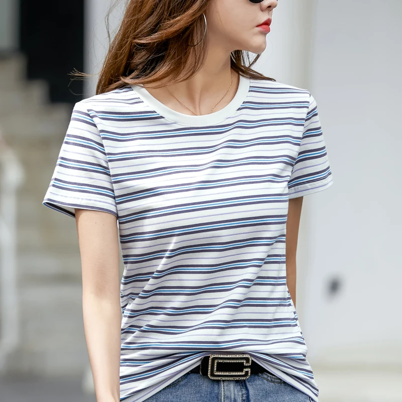 

TuangBiang 2023 Summer Brand Striped Cotton T-Shirts Women O-Neck Casual Tshirts Female Short Sleeve Office Lady All-Match Tops