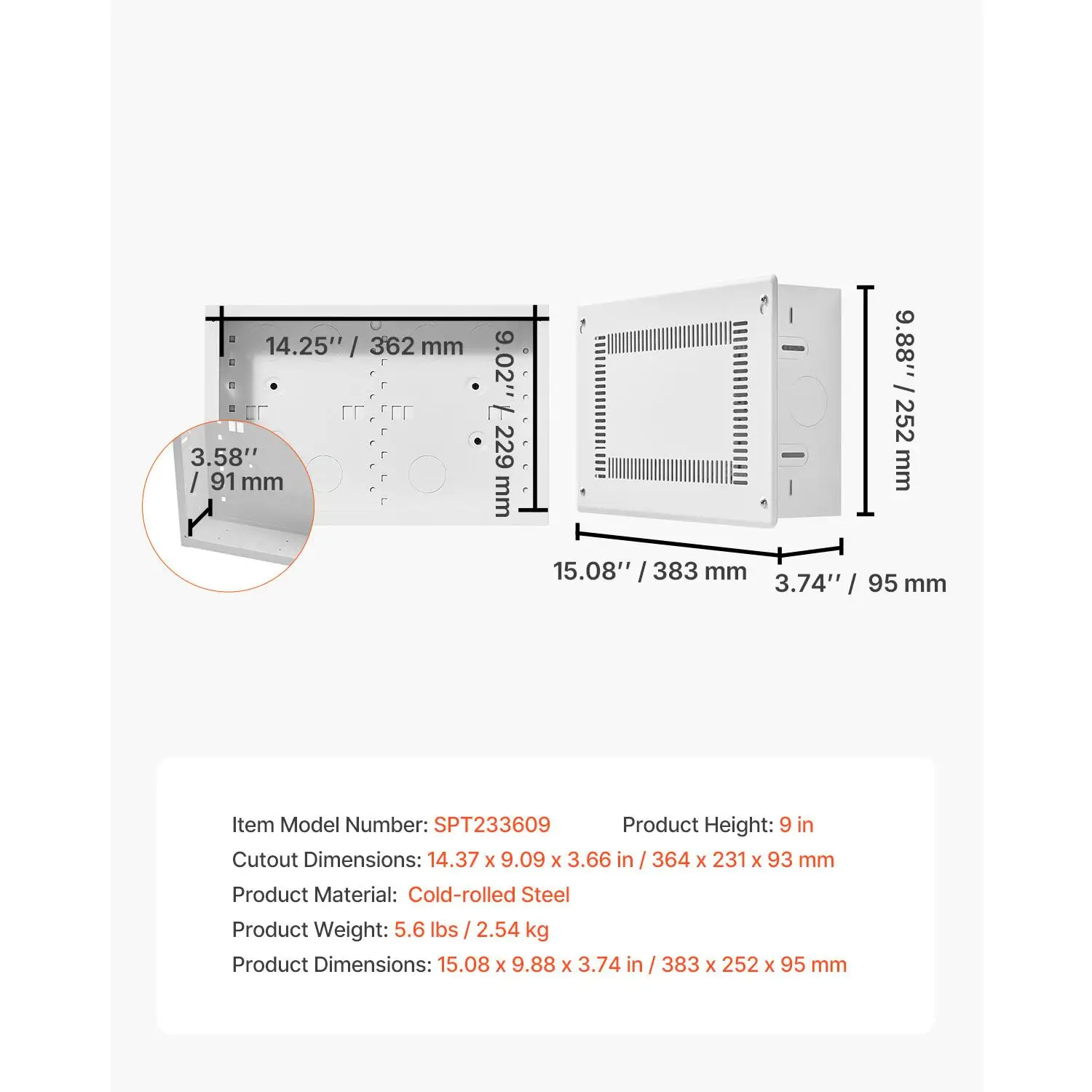 9 Inch Recessed In Wall Structured Media Enclosure with Cover Cold Rolled Steel Wiring Cabinet for tv Home Theater Cable Management