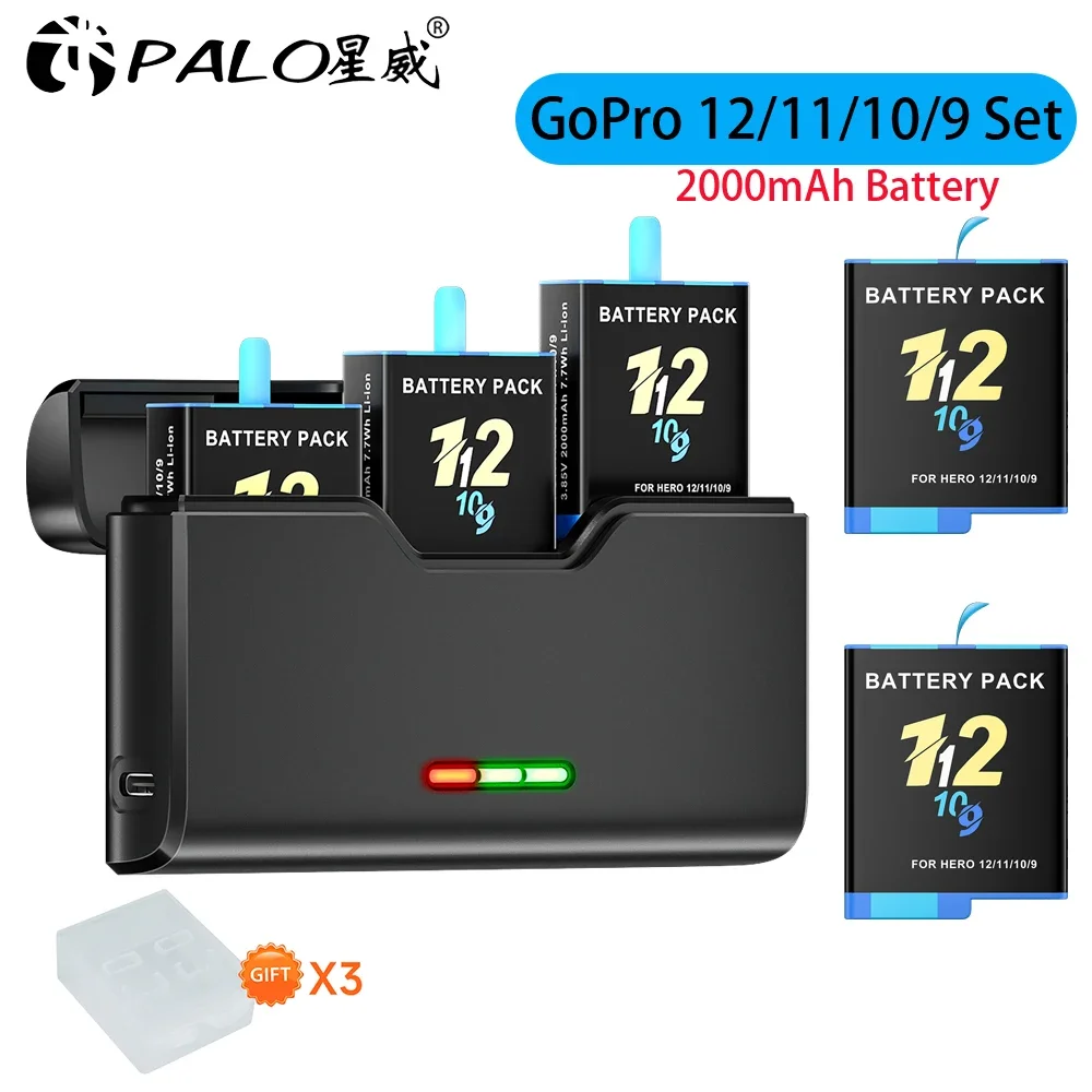 2000mAh for GoPro Hero 12 11 10 9 Black Battery + 3 Slots LED Light Bateria Storage Box Charger for GoPro 12 11 Go Pro 9 Battery