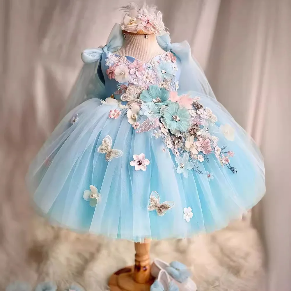 

HETISO Lovely Appliques 3D Butterfly Flower Girl Dress For Wedding Children's Elegant Birthday Party Ball Gown 1-12 Years
