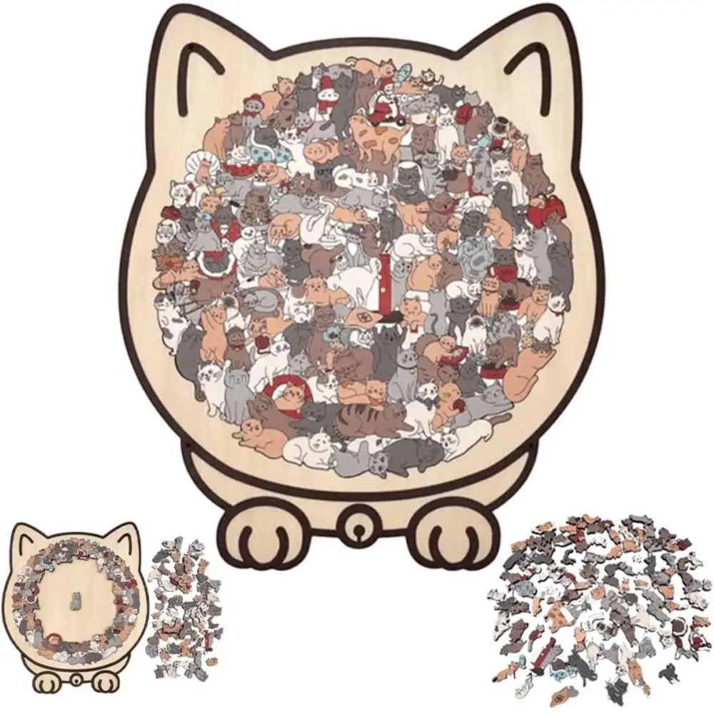 Brain Burning Cat Wooden Puzzle Cute Kitten Home Decor Cat-shaped Jigsaw Colored Animal Puzzle Unique Irregular Puzzle
