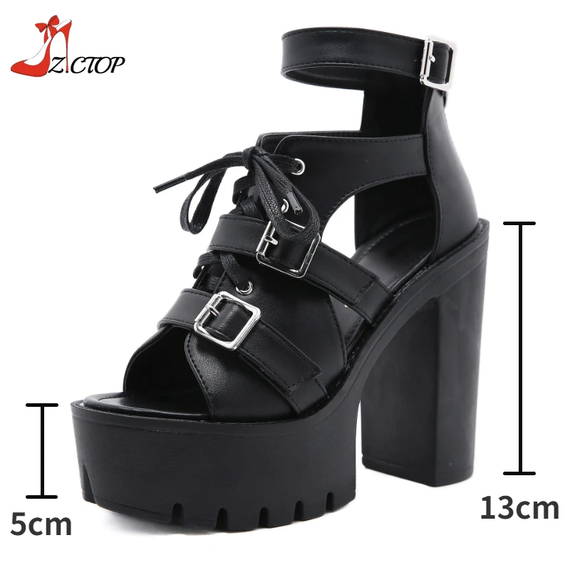 Summer Platform Sandals Women Chunky High Heels Open Toe Goth Style Black Shoes Trend Gladiator Sandal Zipper Size 41 42