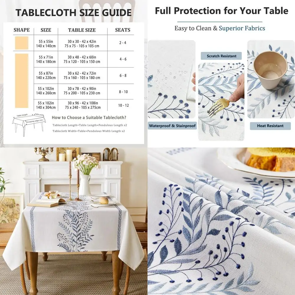 

Blue Embroidered Linen Tablecloth, Waterproof and Wrinkle-Free, 55x120 for Farmhouse Dining and Outdoor Events