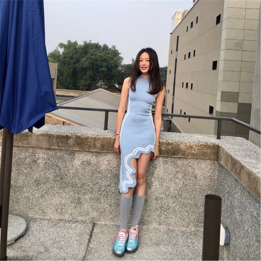 Start New 2022 Asymmetrical Wavy Hem Round Collar Sky Blue black Striped Knit Sleeveless Dress sexy female knitting dress