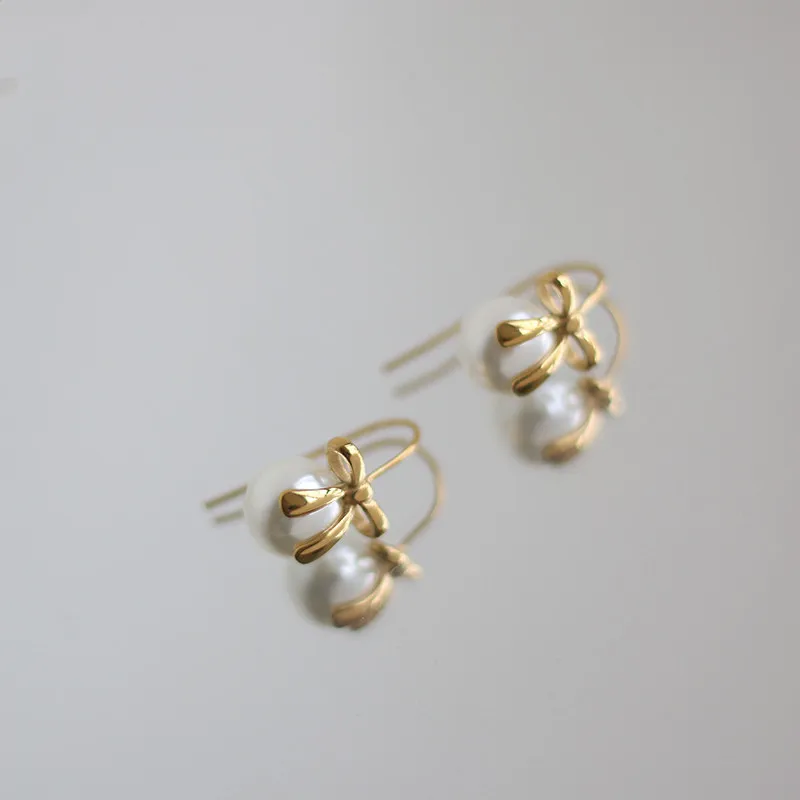 French Temperament Bow Ribbon Imitation Pearl Earrings  for Women Stainless Steel Plated 18K Gold Jewelry Wholesale