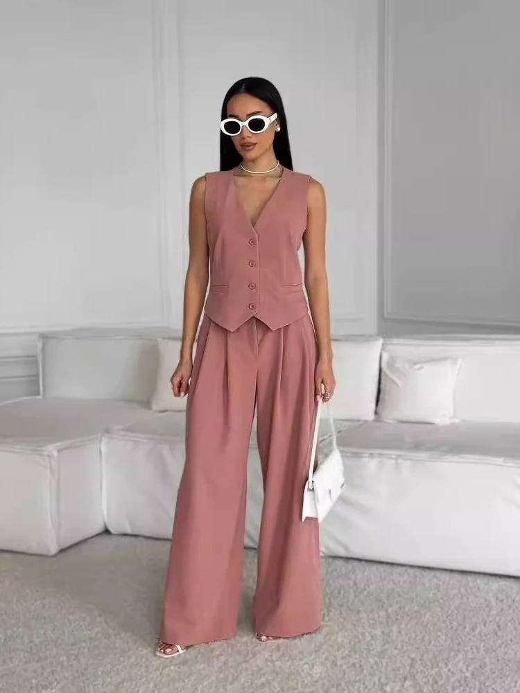 2024 Elegant Commuter Blazer Vest Pants 2-Piece Set Women\'s Spring Summer V-Neck Slim-Fit Tank Top+High Waist Wide-Leg Trousers