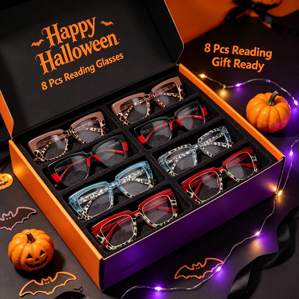 8 men's and women's reading glasses, contrasting colors, wide-sided cat-eye women's reading glasses, thickened flexible plate frame, no nose pressure when worn for a long time, not easy to fade and deform, recommended for Christmas and Halloween gifts.