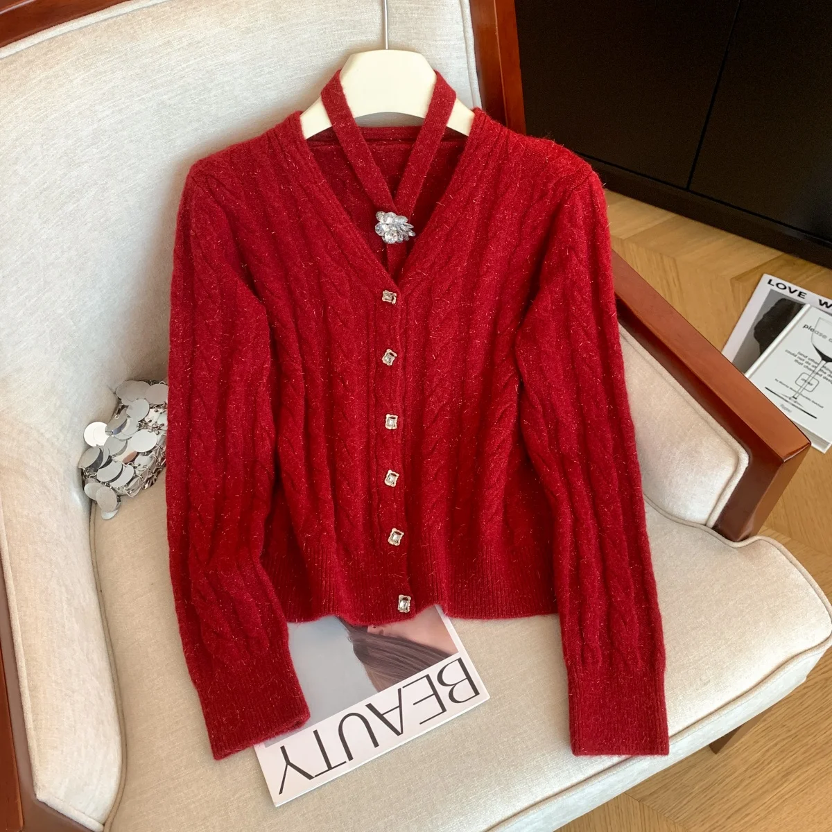 

Женский рождественский красный кардиган, свитер Y2k, винтажный джемпер 2000-х годов, вязаный роскошный свитер с длинными рукавами, верхняя одежда, осенне-зимняя одежда