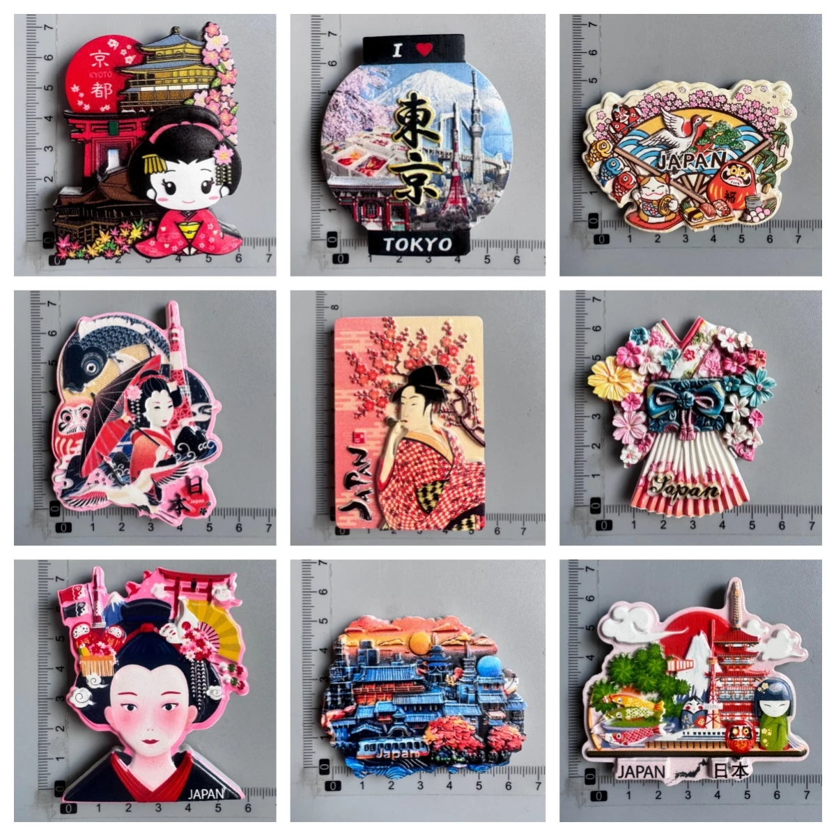 Imanes de nevera de Japón: Kyoto, Tokio, Geisha, Linterna, Carpa de la Suerte, Ciruela, Kimono, Maiko, Osaka, Fuji. Recuerdo de viaje de resina, regalo.