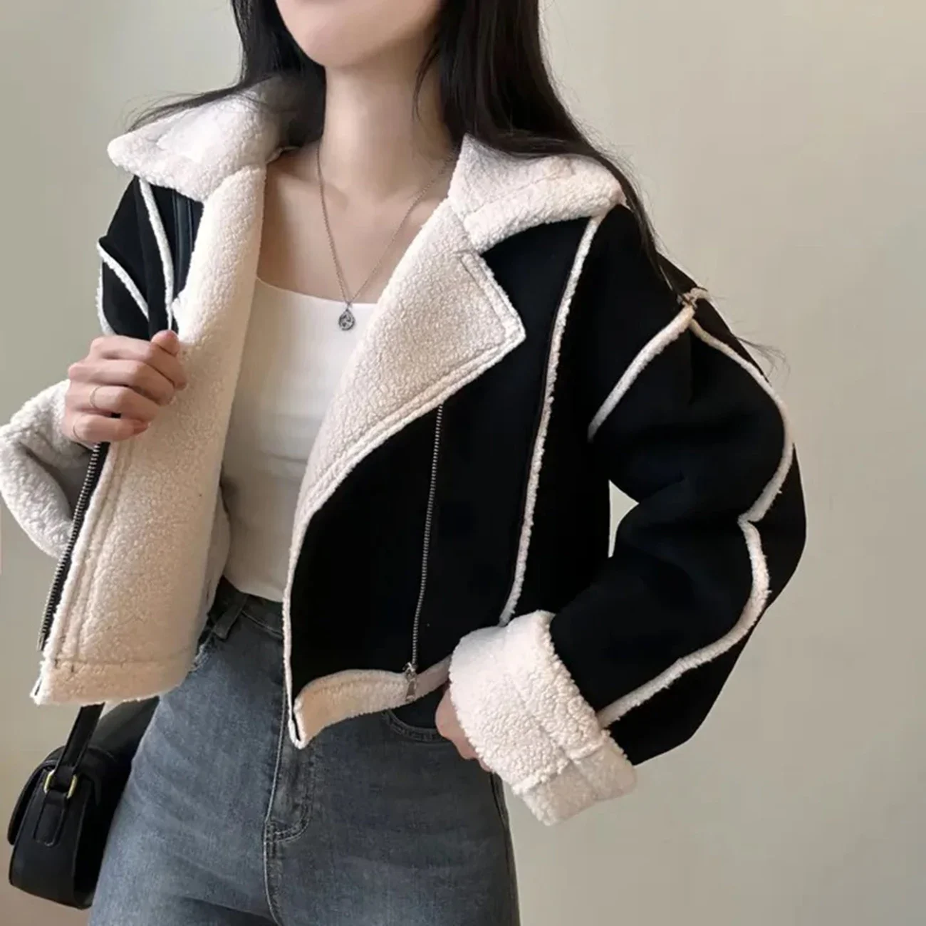 AI.Fashion Streetwear Lapel Jackets Women Patchwork Lamb Wool Coats Women Elegant Zipper Warm Short Jackets Female Ladies