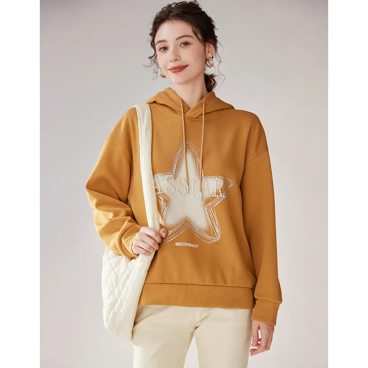 LOUIS YAO 2025 Winter Thick Velvet Hoodie Fashionable Nail Bead Sequin Embroidered Pentagram Pattern Women's Hoodie