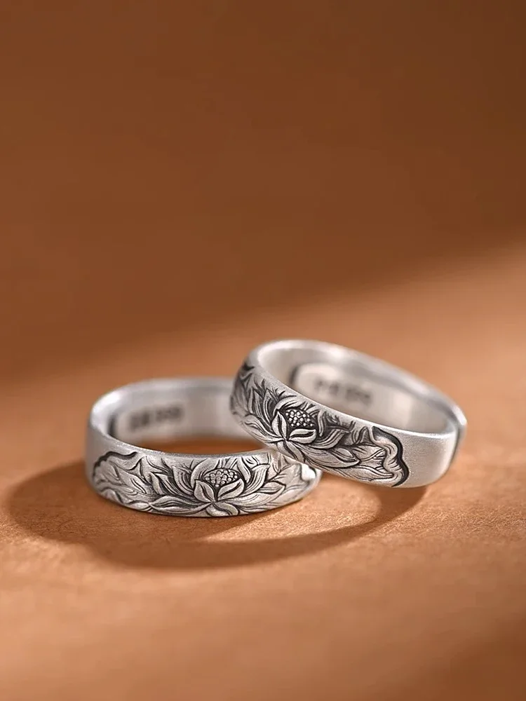 New Silver Color Lotus Retro Ring for Men and Women Couple Rings National Style Self-discipline Niche Fashion Jewelry