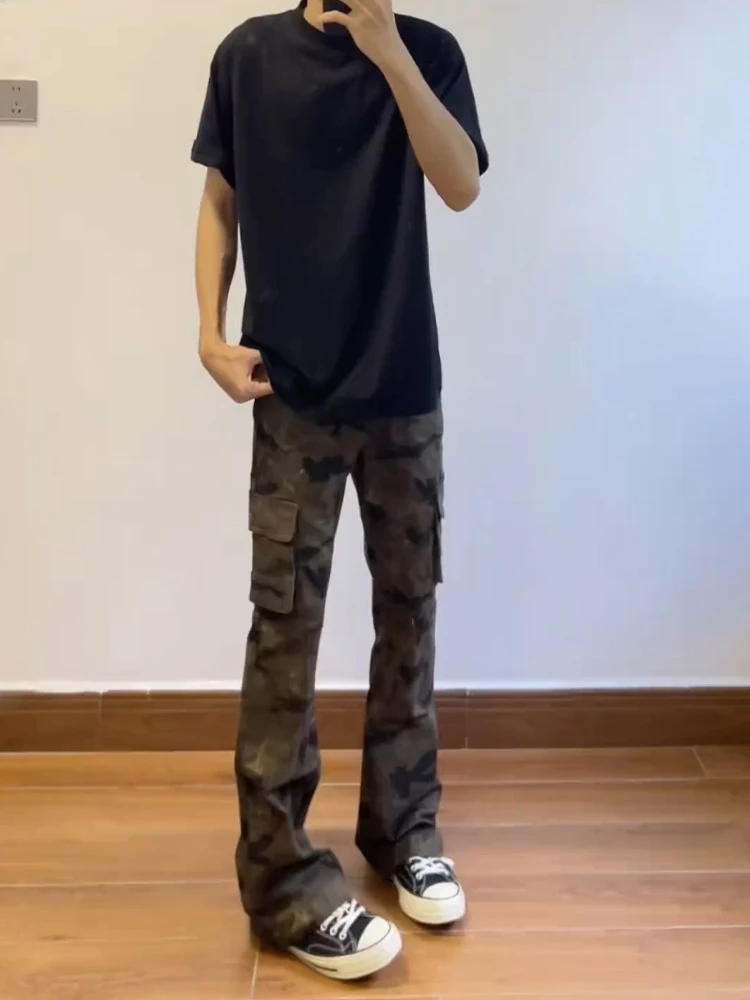 

American High Street Vibe Men's Camouflage Workwear Pants Clean Fit Straight Leg Bell Bot Jeans Youthful Trendy Cotton Denim