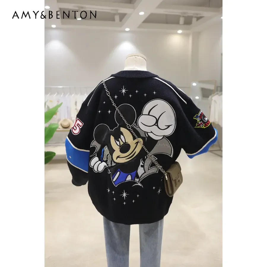 Potdemiel Heavy Industry Cartoon Embroidery Early Spring Loose Thickening Keep Warm Baseball Uniform Sweater Coat for Women
