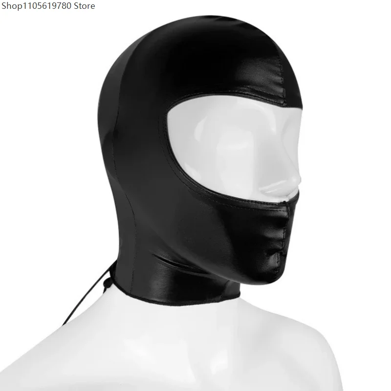 Rear Drawstring Adjustable Shiny Faux Leather Head Hood Open Eye Mouth Cutouts Full Face Mask Performance Cosplay Accessory