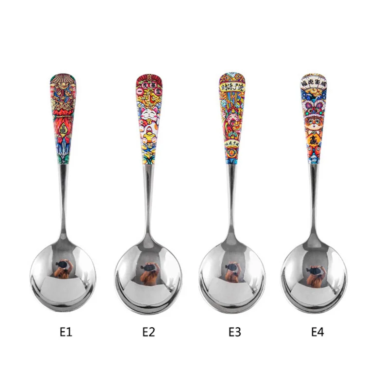 Colorful Print Handle Stainless Steel Spoon Serving Round Shape Coffee Scoops Ice Cream Dessert Tea Spoon Tableware Kitchen Tool image 6