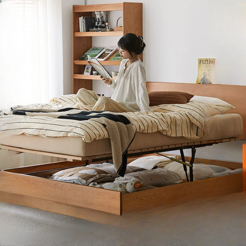 Full solid wooden box bed storage Japanese style natural wood double person white oak cherry wood suspended high box storage bed