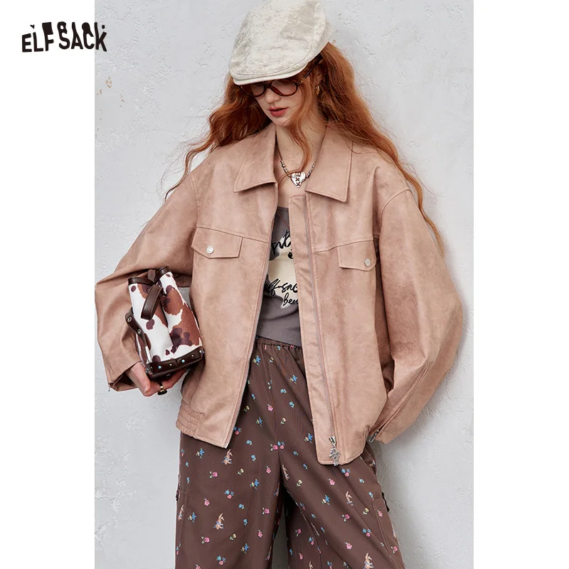 ELFSACK 2025 Autumn New Arrival Streetwear Solid Color Vintage Texture Leather Jacket Zip Up Biker Coat For Woman