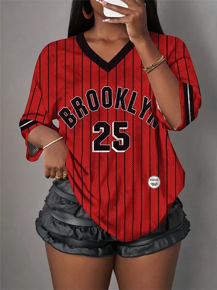 Sommer-T-Shirt für Damen und Kinder, V-Ausschnitt, Kurzarm, gestreift, Brooklyn Nr. 25 Print, Sport-Oberteil, lässiges Fußballtrikot, Y2k-T-Shirt – Detail 7