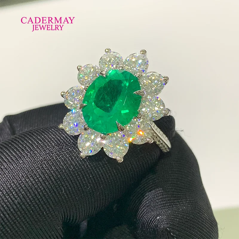 Customized 925 Silver 10x12mm Oval Cut Lab Emerald Ring Halo Moissanite Engagement Ring Emerald Ring Women Gift Party view 2