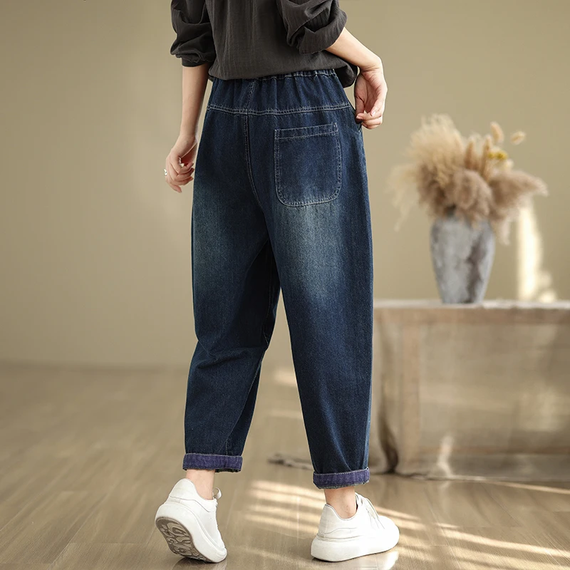 女性用 ルーズフィット カジュアル ファッショナブル 刺繍 デニム ジーンズ ハイウエスト ランタン パンツ ヴィンテージ スタイル 9点丈