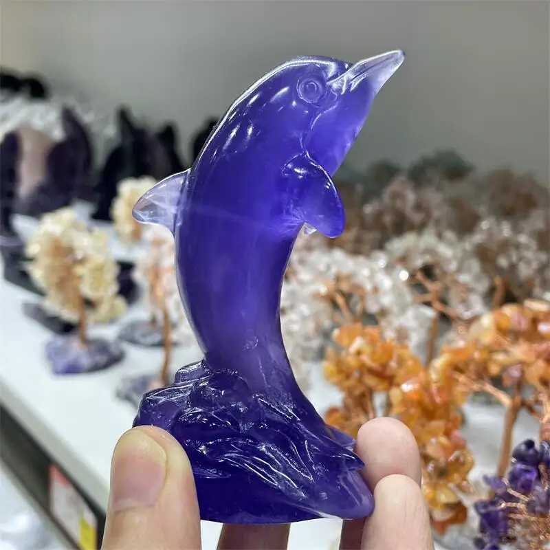 

Natural Purple Fluorite Dolphin Crystal Animal Carving Healing Energy Stone Fashion Home Decoration Gift 1pcs