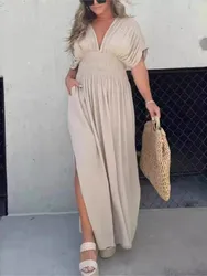 Summer New Solid Color Long Dresses Women V-neck Backless Leace-up Bat Sleeve Slit Dress Fashion Casual Beach Vacation Vestidos