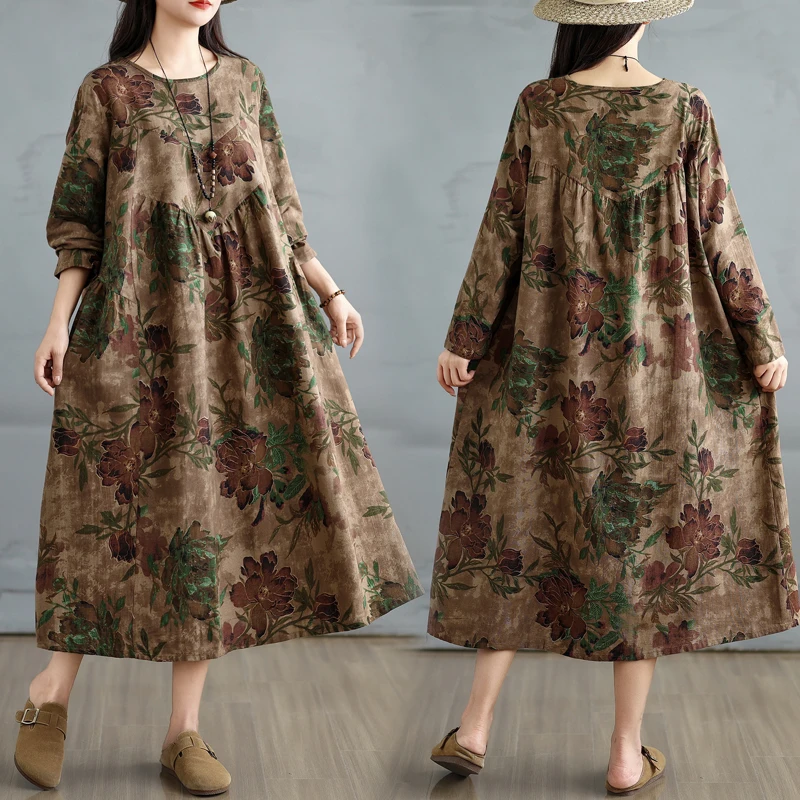

Retro Cotton Linen Print round Neck Long Sleeve Women's Dress Loose plus Size Slimming A-Line Skirt Citywalk High Waist