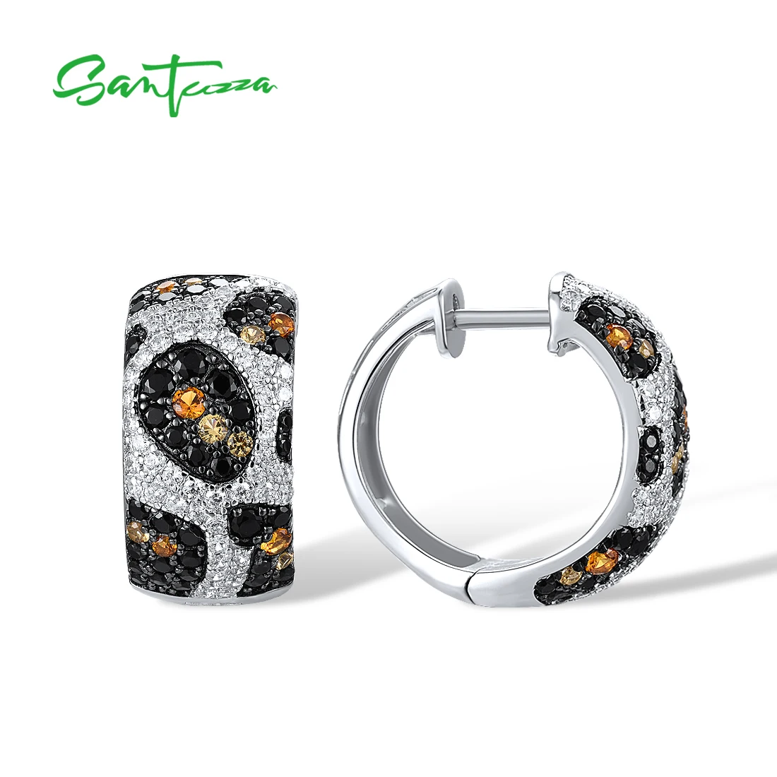 SANTUZZA Real 925 Sterling Silver Hoop Earrings For Women Sparkling White Black Spinel Yellow Crystal Leopard Gift Fine Jewelry