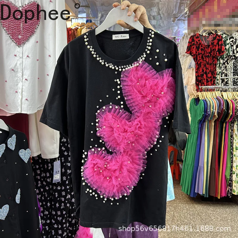 

Streetwear Loose Summer Women T-shirt Elegant Mesh Ruffles Diamonds Oversize Pullover Top Round Neck Short Sleeve Cotton Tees