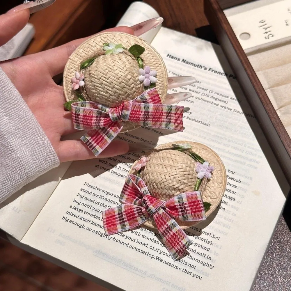 Durable Straw Woven Hair Clip Shell Hat Shape Cute BB Hair Clip Plaid Bow Seaside Style Hair Accessory Girls