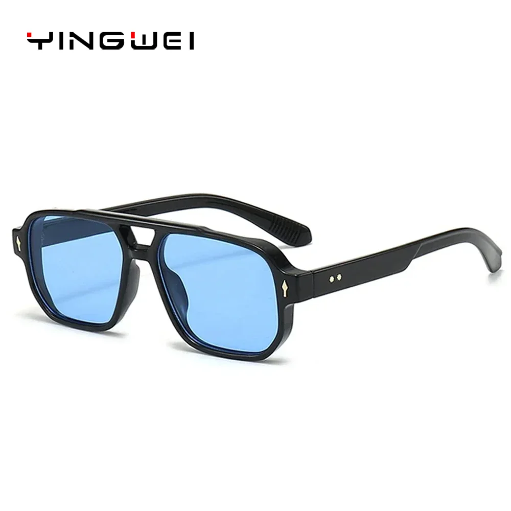 

Vintage Double Bridges Men Square Sunglasses Fashion Green Ocean Lens UV400 Eyewear Women Trending Rivets Sun Glasses