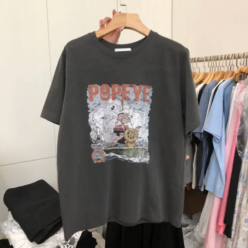 

2025 American Street Vintage Cartoon Retro College Style Cotton Round Neck Short-sleeved T-shirt for Men and Women, Trendy.