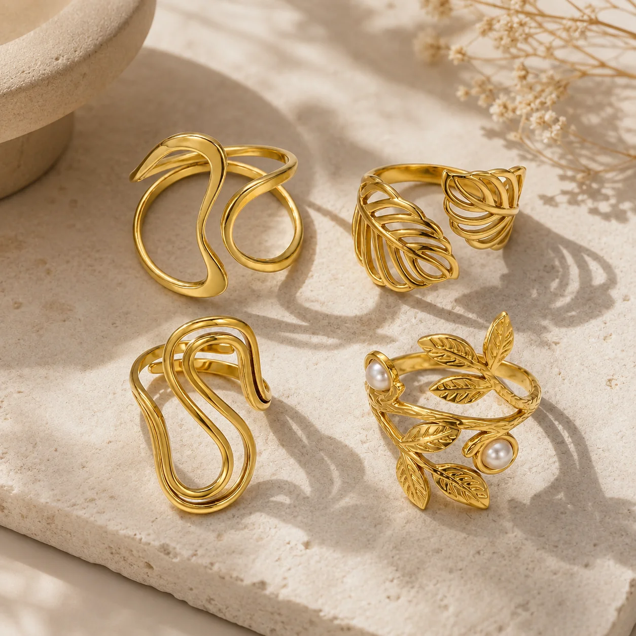 Modern Stainless Steel Rings for Women Gold Tone Abstract Leaf Sculptural Open Rings Multiple Styles Statement Fashion Jewelry