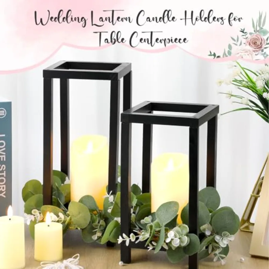 Juego de 12 linternas de madera negras de 10,59 pulgadas y 13 pulgadas para centros de mesa de boda con 12 velas LED y 12 coronas de hojas de eucalipto rústicas
