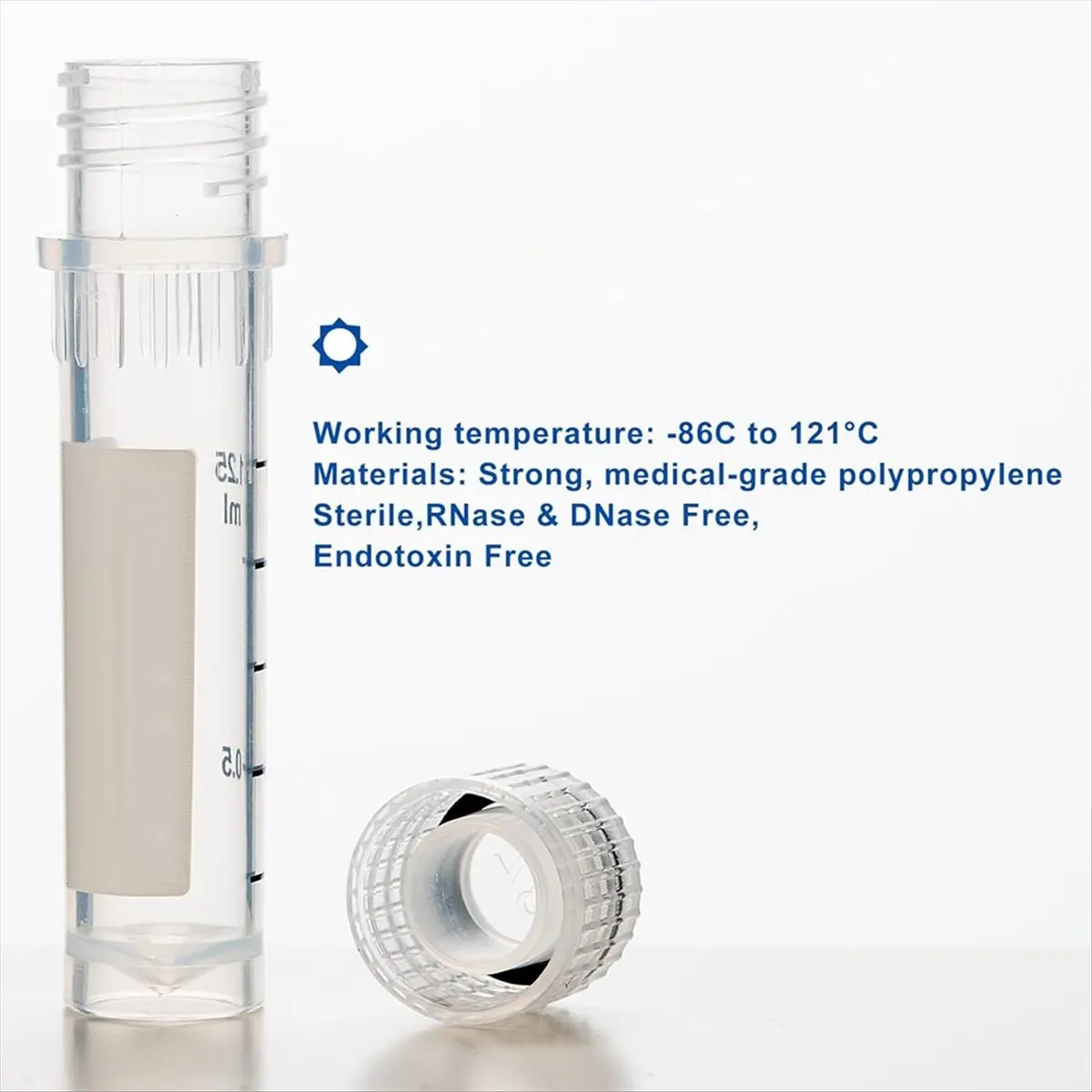 A75K Cryovials Sterile Tubes 2ml Lab Vials with Caps Cryovial for Low Temperature Storage, Case of 100
