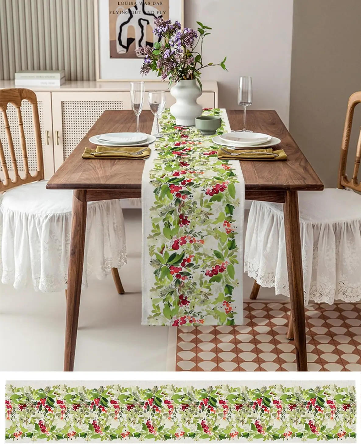 Christmas Pine Needles Berry Linen Table Runner Party Decor Reusable Winter Kitchen Dining Table Runner Christmas Decorations