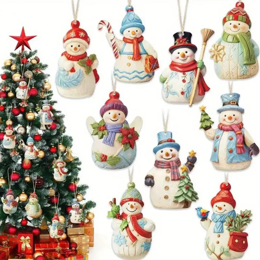 9/18 Pcs 8cm Wooden Snowman Pendant Christmas Hanging Ornament Painted Hanging Snowman With Twine For Xmas Tree Holiday Decor