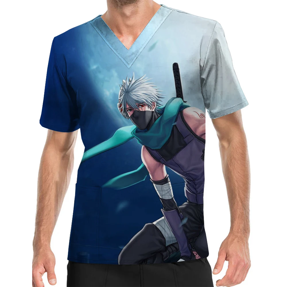 V-Neck Print Scrub Top Work Clothes Naruto Kakashi Printed Pattern Men's Florist Hospital Doctor Nurse Work Clothes