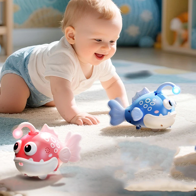 Electric Sensor Lantern Fish Children Two-way Pull Back Simulation Reptile Small Fish Toy Crash Resistant Baby Crawling Toy Gift